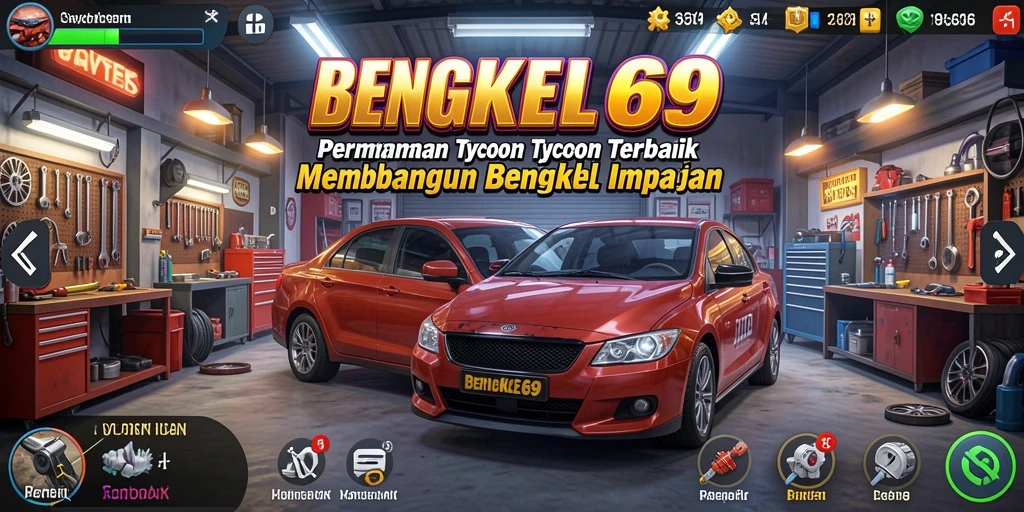 Tampilan menyenangkan dari gameplay BENGKEL69 yang menampilkan bengkel yang ramai.