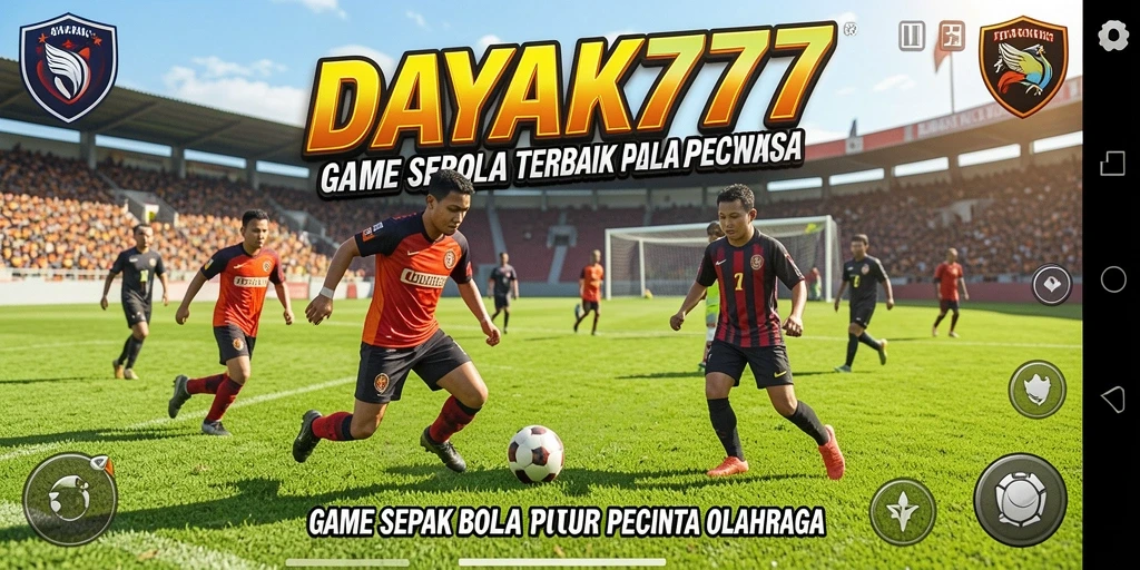 Screenshot utama DAYAK777 menampilkan aksi seru di lapangan sepak bola.