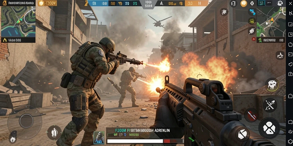 Screenshot gameplay F200M menampilkan aksi tembak-menembak yang intens dan grafis yang memukau.