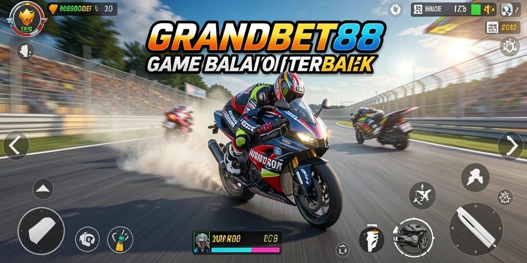 Screenshot gameplay <strong>GRANDBET88</strong> menunjukkan aksi balap motor yang intens dan mendebarkan.