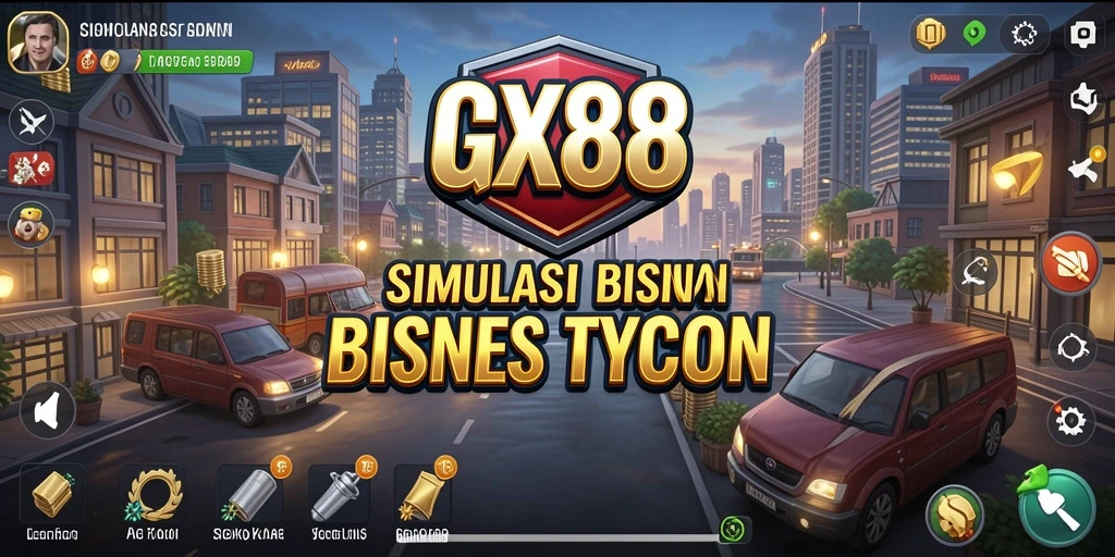 Tangkapan layar utama GX88 menunjukkan aksi seru dalam membangun bisnis Tycoon.