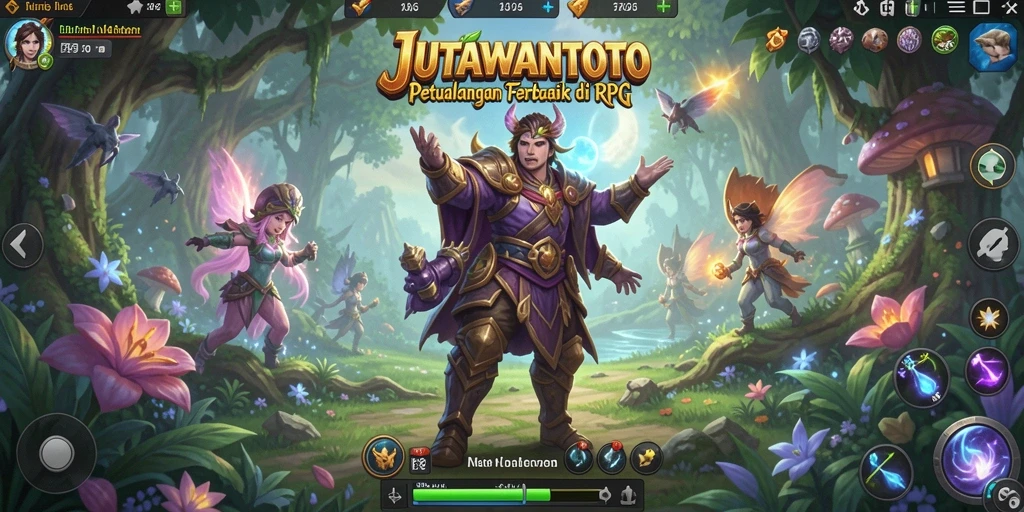Tampilan gameplay RPG JUTAWANTOTO dengan pertarungan seru dan karakter yang beragam.