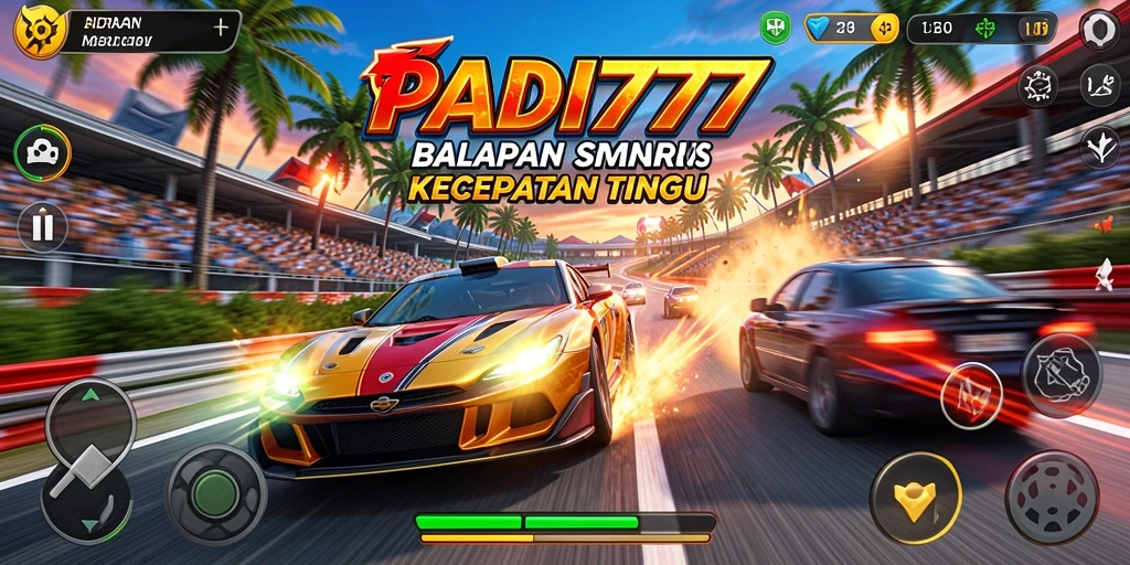 Tampilan utama PADI777 saat balapan dengan mobil cepat di lintasan.