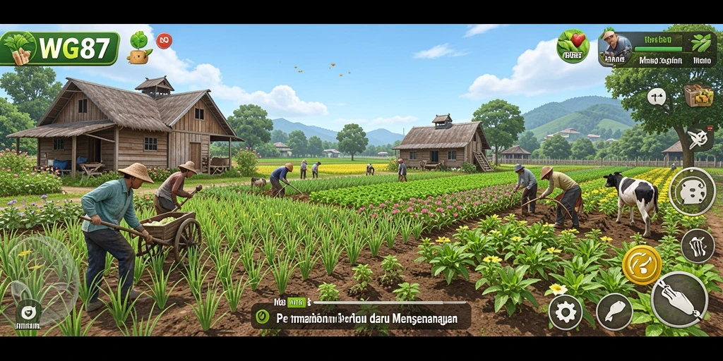 Tangkapan layar gameplay WG87 menunjukkan aktivitas bertani yang penuh warna.
