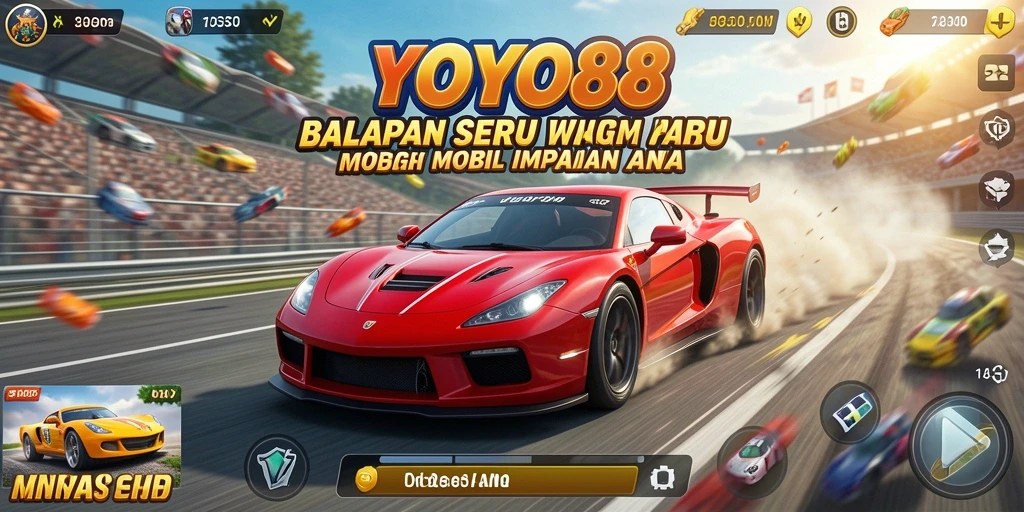Tampilan epik gameplay balapan di YOYO88 dengan mobil atletis.